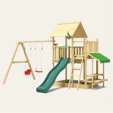 Wooden climbing frame with slide and swings