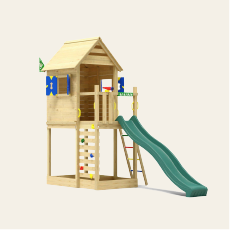 Wooden tower playhouse with slide and climbing ladder